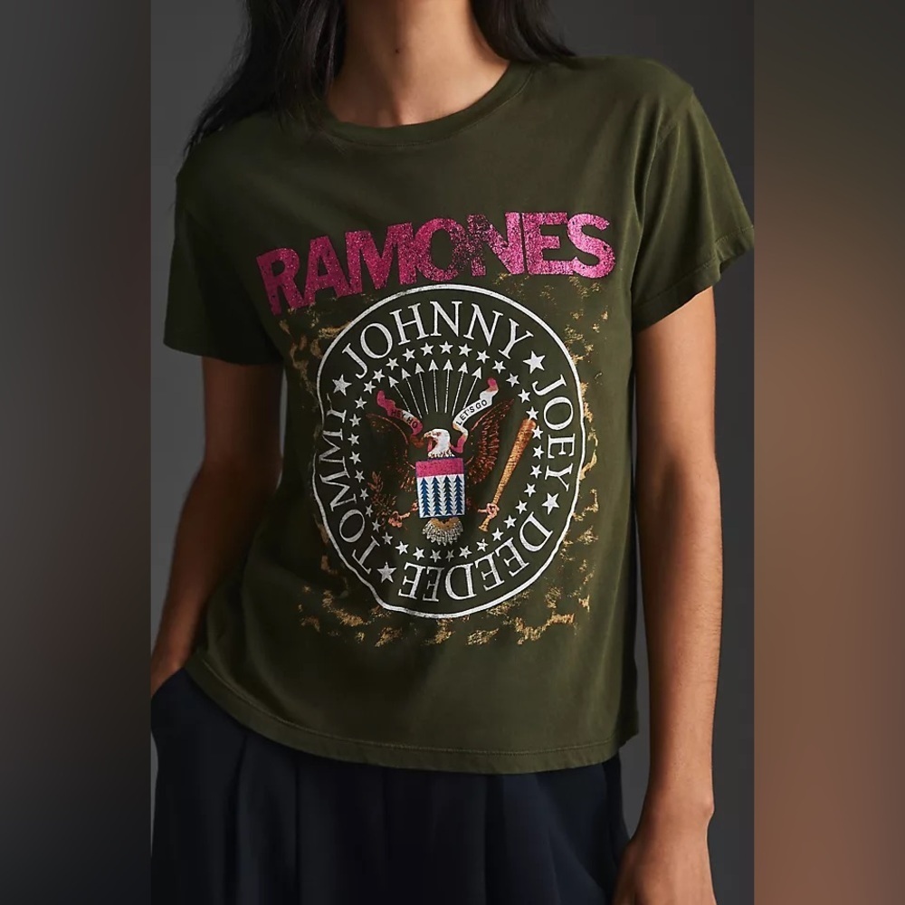 Anthropologie Letluv Ramones Graphic Band Tee Olive Green NWT Small